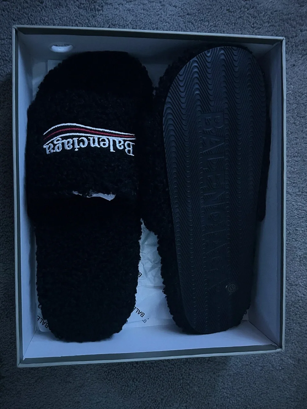 Balenciaga Black Shearling Logo Slippers with White & Red Embroidery
